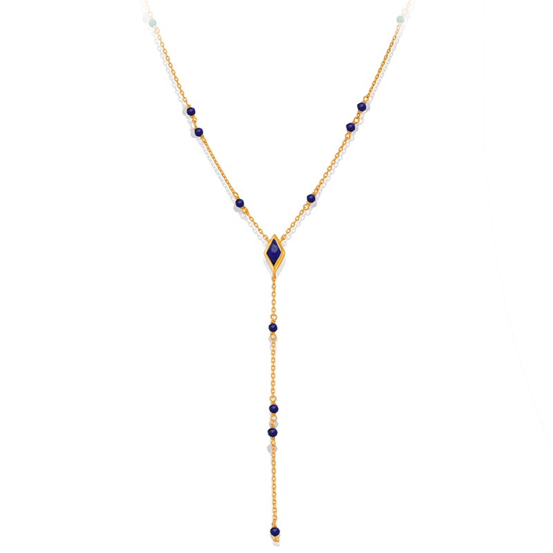 Collier En Argent Cravate Doré Pierre Naturelle Lapis