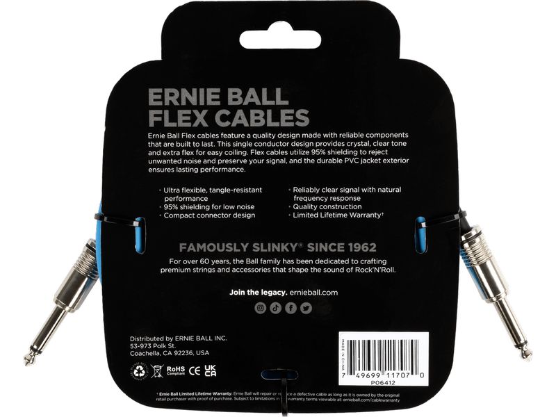Ernie Ball Instrumentenkabel Flex 6412 – 3.05 m, Blau Flexibles Standardkabel für Instrumente