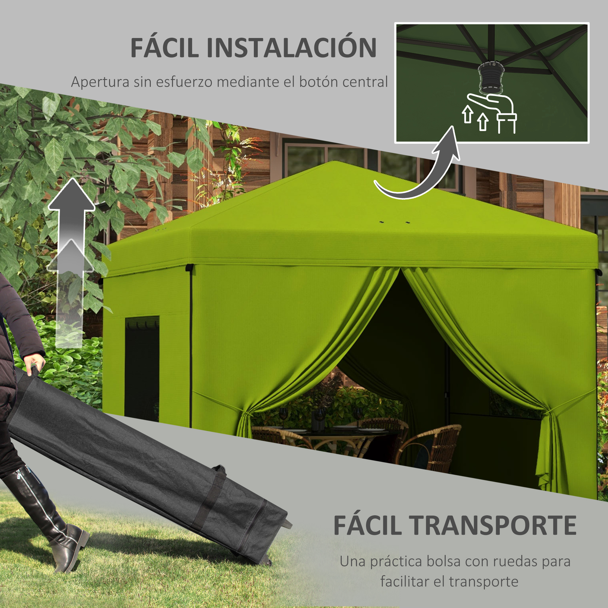 Tenda dobrável Outsunny 3x3m para jardim, com 4 paredes laterais, 2 janelas de tela, altura ajustável, bolsa de transporte, impermeável e resistente aos raios UV, ideal para acampamentos e festas. Cor verde.