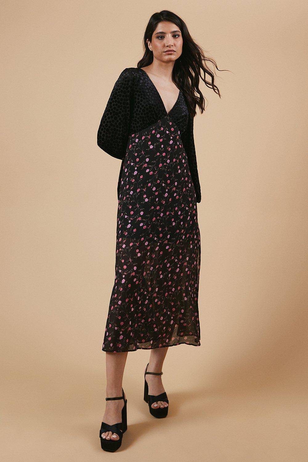 Oasis Robe Midi à Corsage Fleuri Pois pour Occasion
