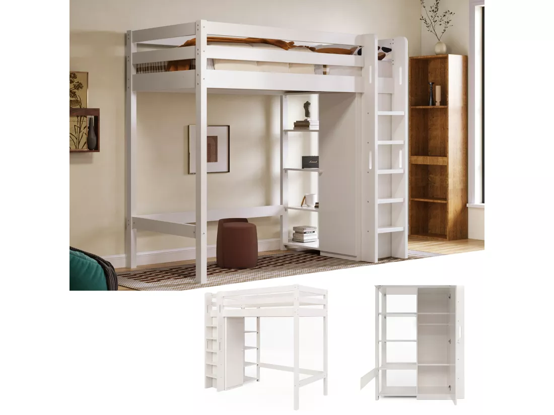 Lit mezzanine 90 x 200 cm avec armoire et 6 étagères - Panneaux de particules + MDF - Blanc (sans matelas)