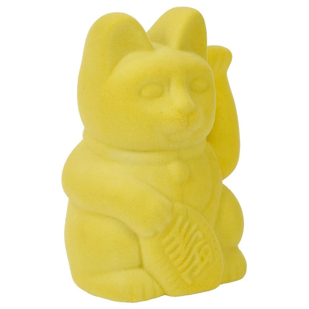 Chat porte-bonheur velours jaune 11xH15x9cm