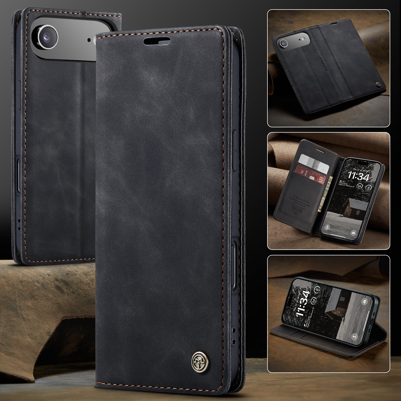 iPhone Air Leder Tasche Flip Wallet Etui mit Kartenfächern - Schwarz