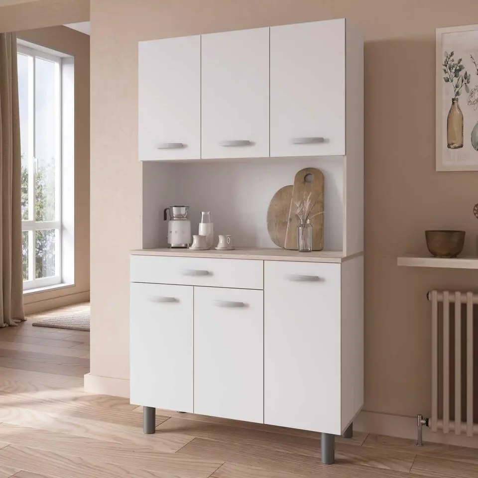 Buffetkast Pavel 185cm hoog - mat wit/acacia met werkblad