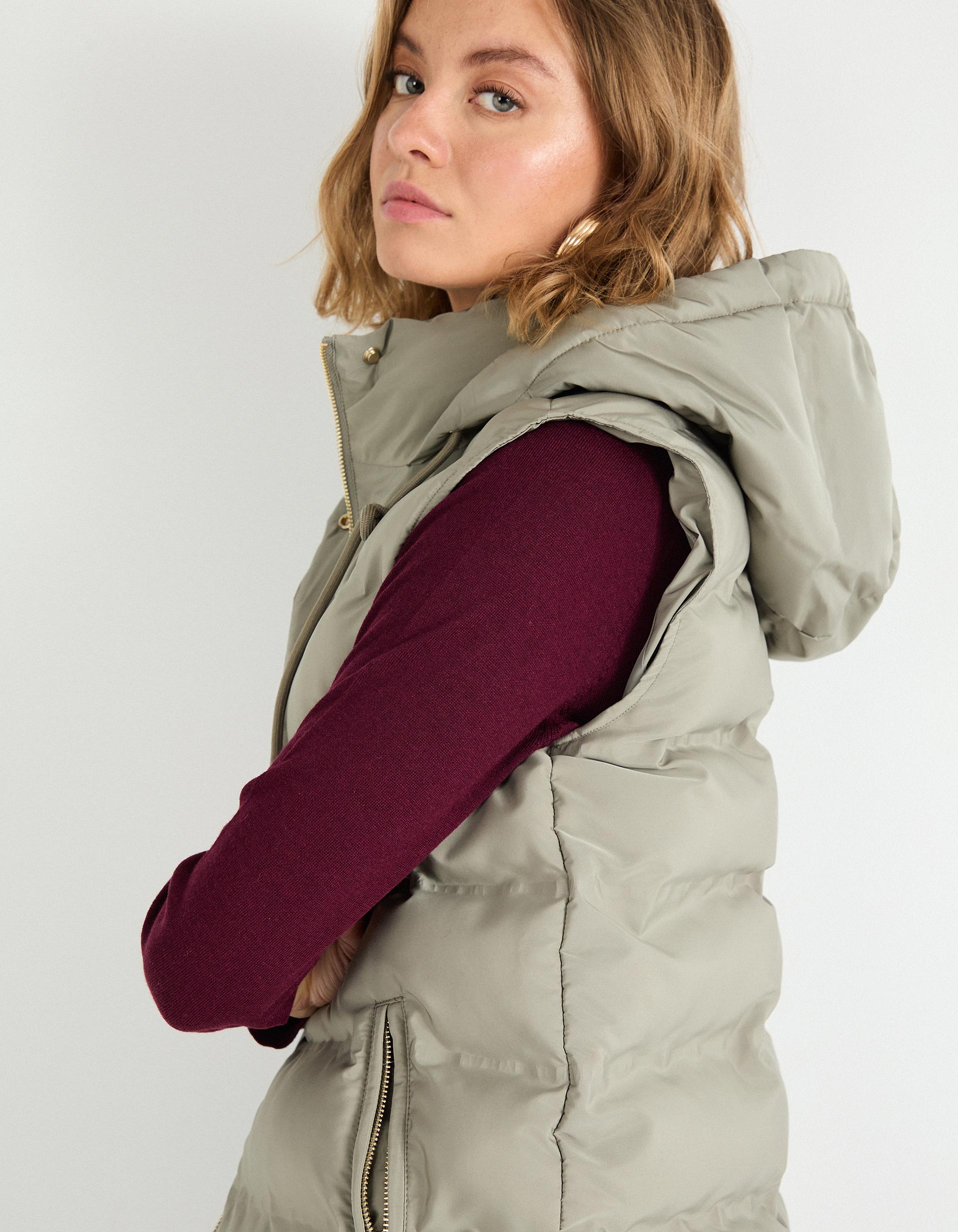 Colete Acolchoado Capuz, Mulher, Verde Escuro
