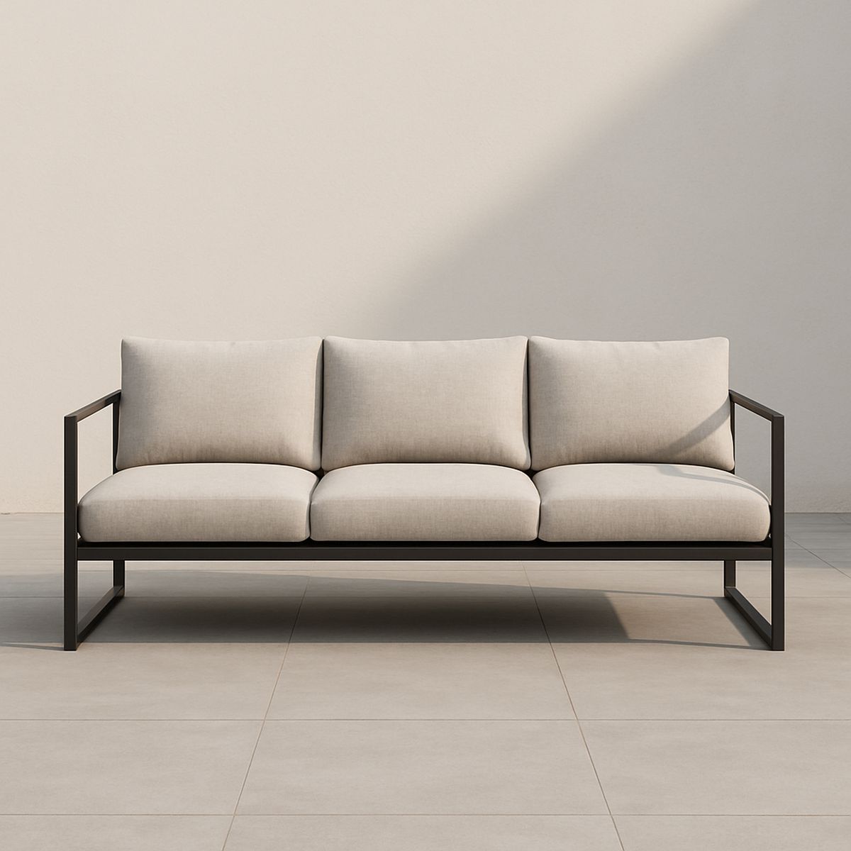 3-Sitzer Sofa aus Metall mit Beigegrauem Stoffpolster 220cm