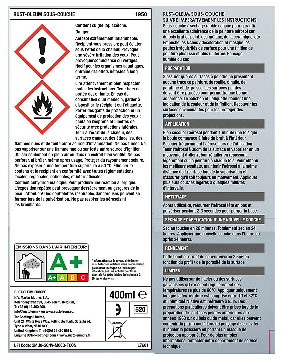 Sous-couche en bombe aérosol Rust-Oleum rouge 400ml