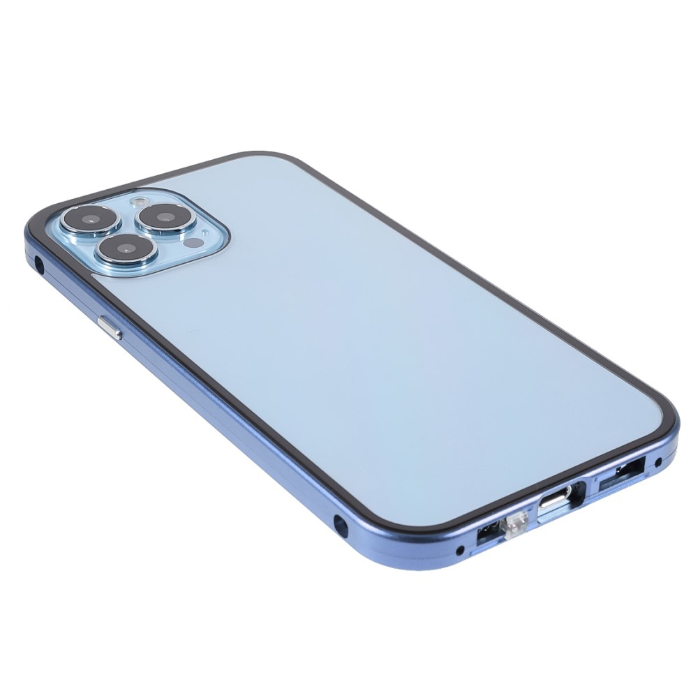 iPhone 13 Pro Magnetische Alu Schutzhülle mit Panzer Glas Backcover   Privacy Glas Displayschutz (Magnet-Technologie) - Blau
