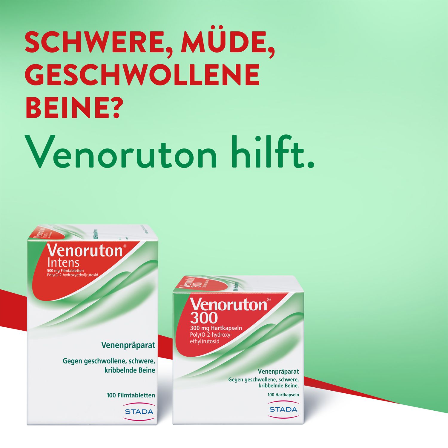 VENORUTON® Intens zur Behandlung von Beinschwellungen (Ödemen) und Linderung bei schweren, müden Beinen, Spannungsgefühlen und Kribbeln bei chronischer Veneninsuffizienz. Wirkstoff: Oxerutin.