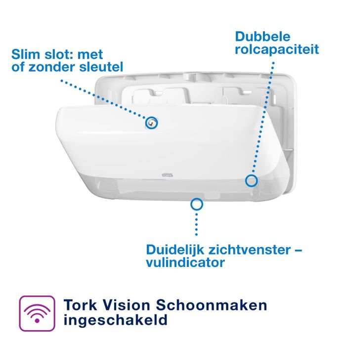 Tork 555500 Dispenser voor mini jumbo wc rol houder toiletpapier Twin Wit T2 Gesloten Elevation Lijn (555500)