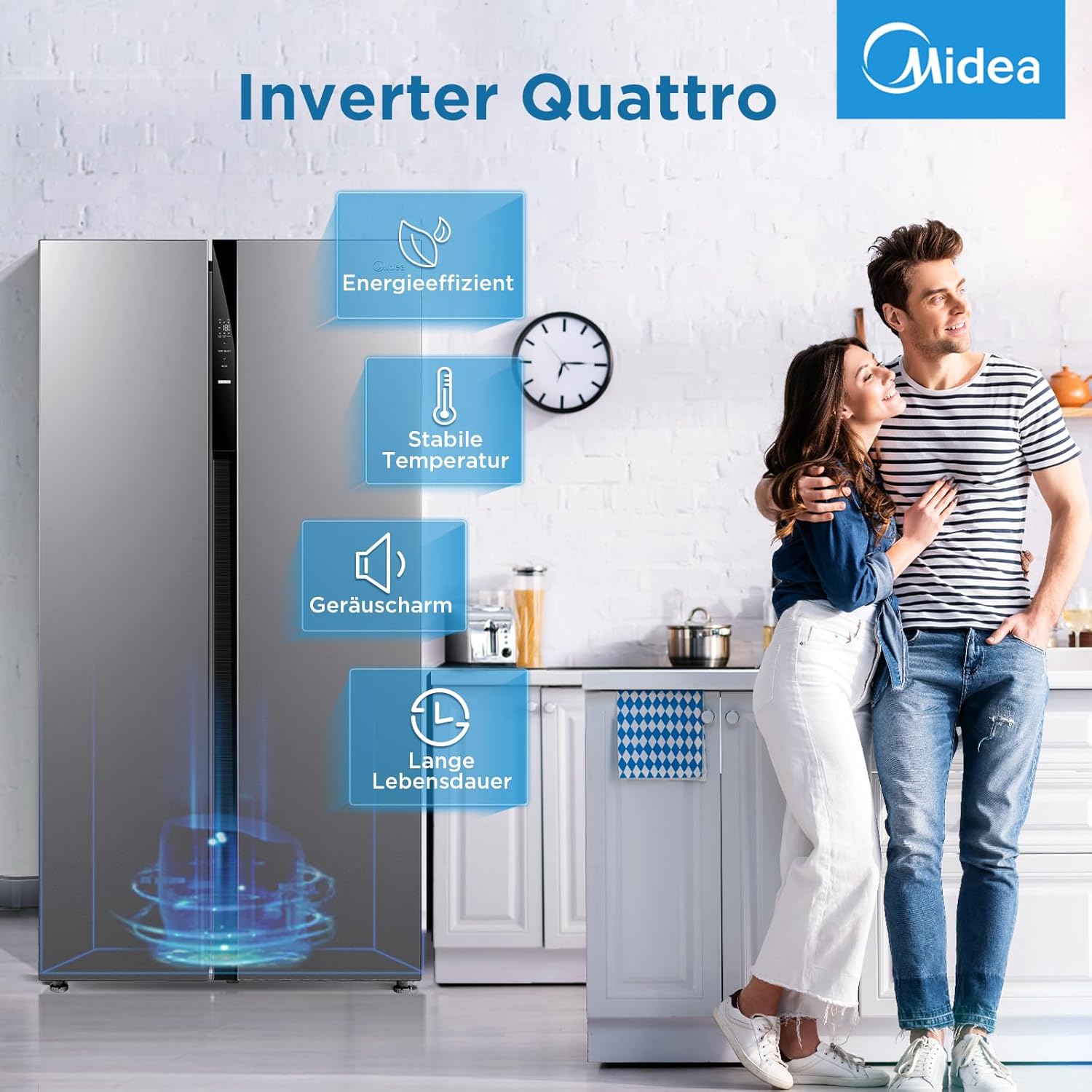 Midea MERS530FGE02 Side-by-Side Kühl-/Gefrierkombination/No Frost/Inverter Compressor/176,5 cm hoch/347 L Kühlen/201 L Gefrieren/Doppelte Steuerung/SuperCool/35dB, Inox