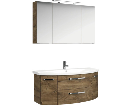 Badkamermeubelset Pelipal serie 4010, afmetingen (B x H x D): 120,5 x 200 x 48 cm, fronten in eikenhouten look, Ribbeck badkamermeubelset met 4 delen, inclusief witte keramische wastafel, keramische wastafelkast en spiegelkast met ledverlichting.