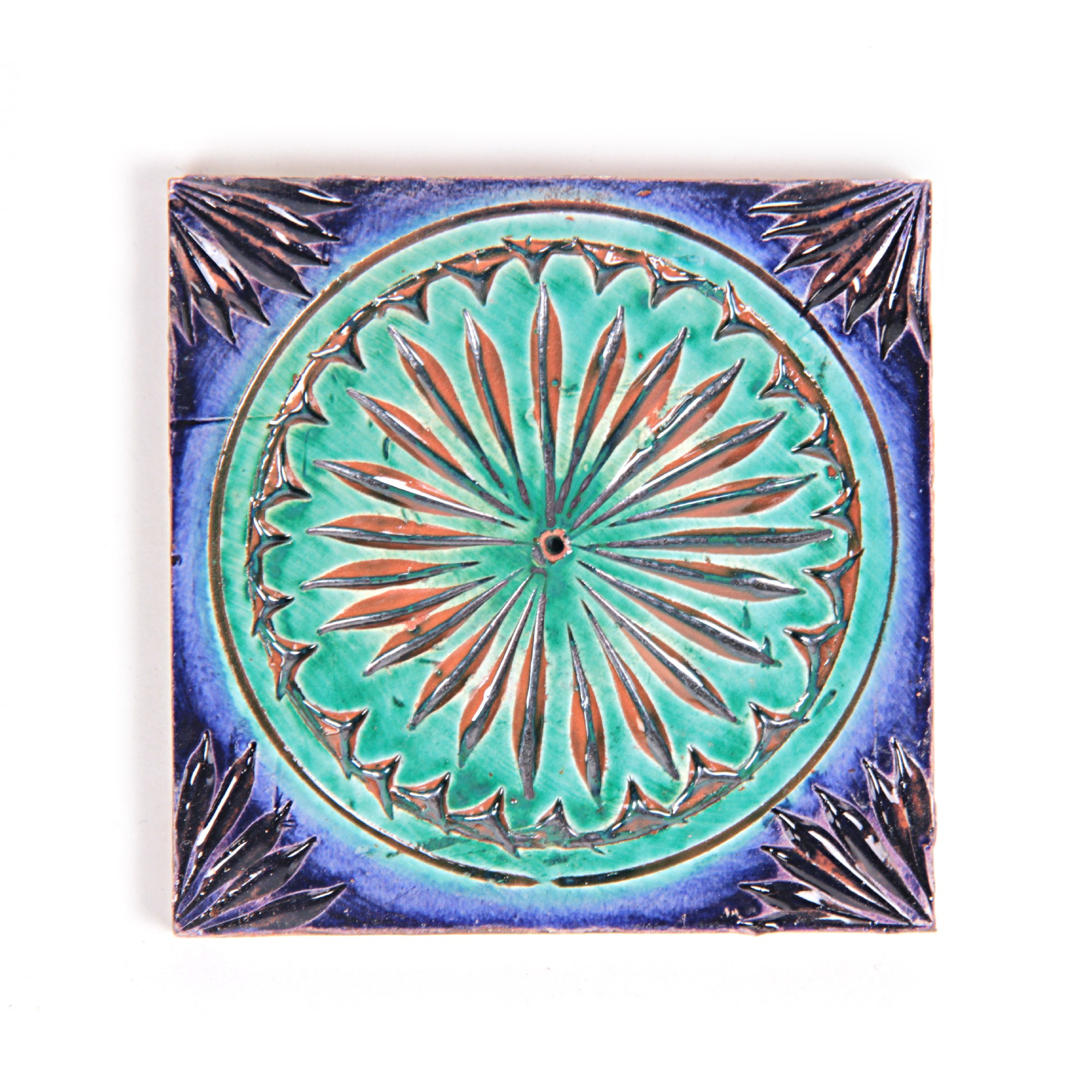 Handglasierte Kachel 'Soleil', blau, grün, L 10 cm, B 10 cm, H 1 cm von fischer's lagerhaus