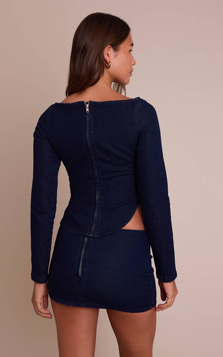 Bleu Indigo Haut En Denim Stretch À Col Bateau Avec Finitions Dorées
