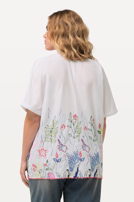 Bluse, Stickerei, Oversized, V-Ausschnitt, Halbarm