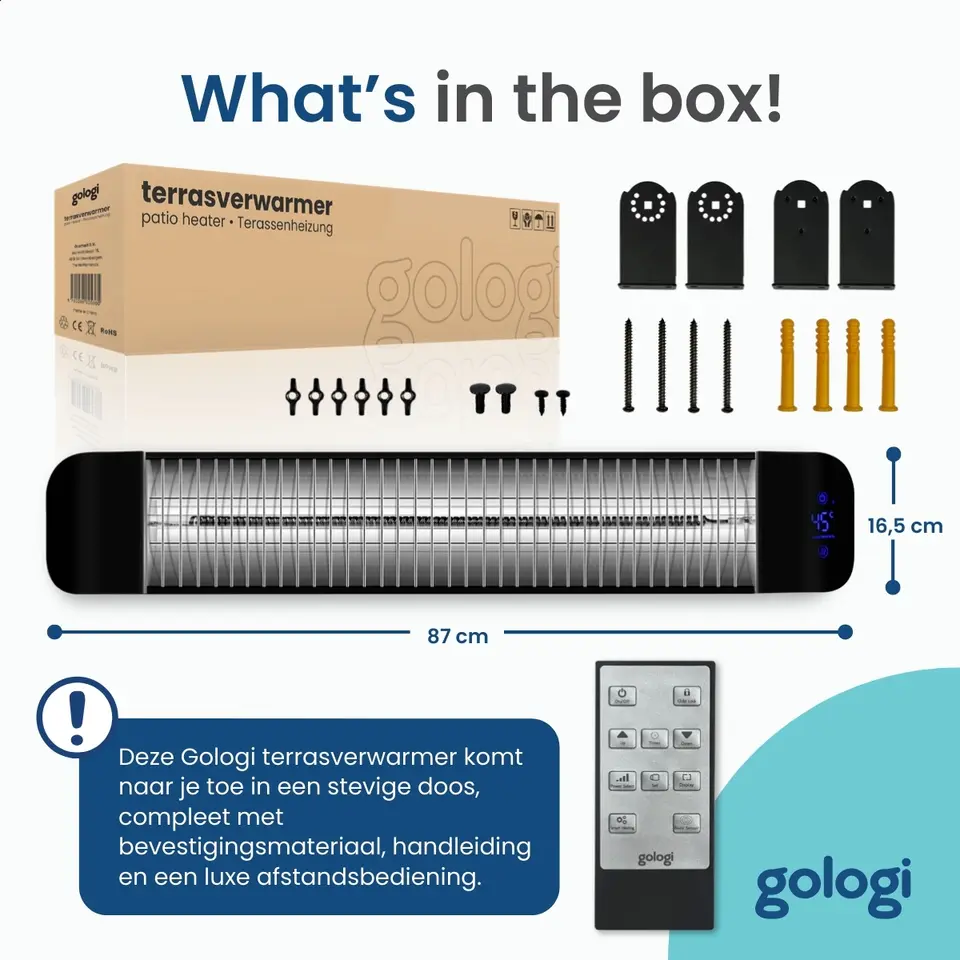 Gologi Slimme Terrasverwarmer - Heater Elektrisch - 2000W - Zwart