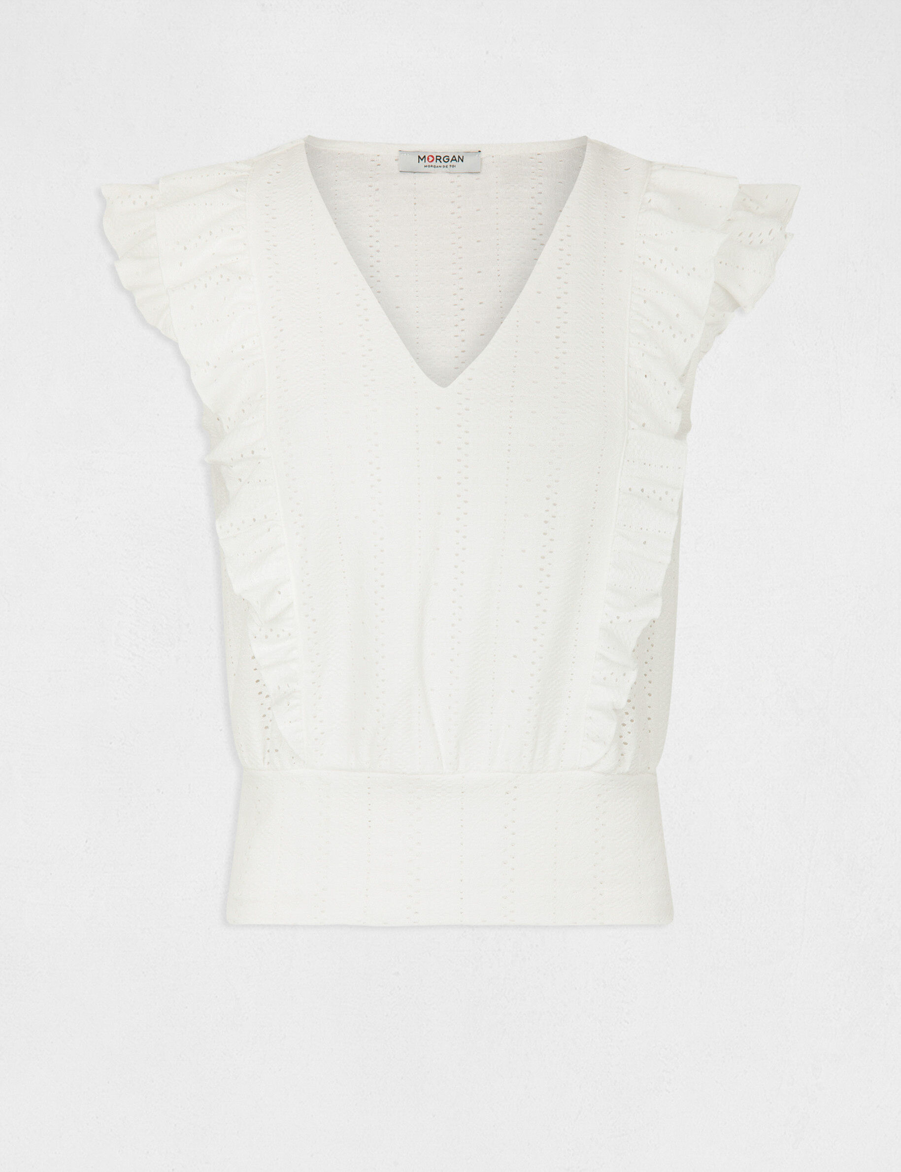 T-shirt manches courtes brodé à volants ecru femme - ecru