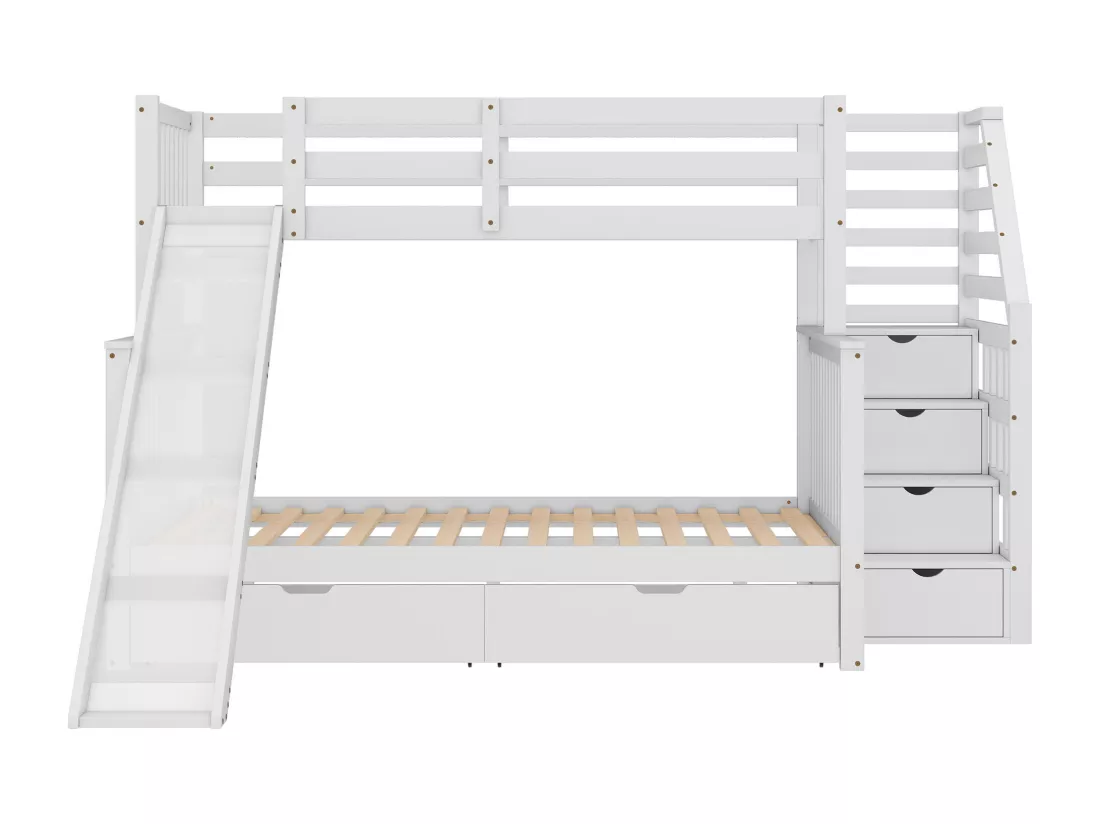Lits superposés 90 x 200 et 140 x 200 avec tiroirs, espace de rangement et glissière, blanc