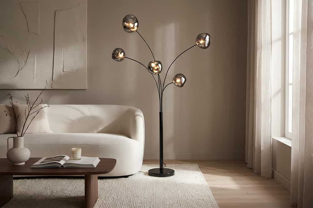 Design Stehlampe LIQUID DIAMOND 200cm schwarz smoke grau fünf Glasschirme mit Marmorfuß