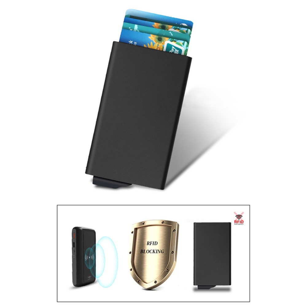 Mini Kreditkarten Aluminium Etui mit Kartenauswurf-Mechanismus (RFID Schutz) - Schwarz