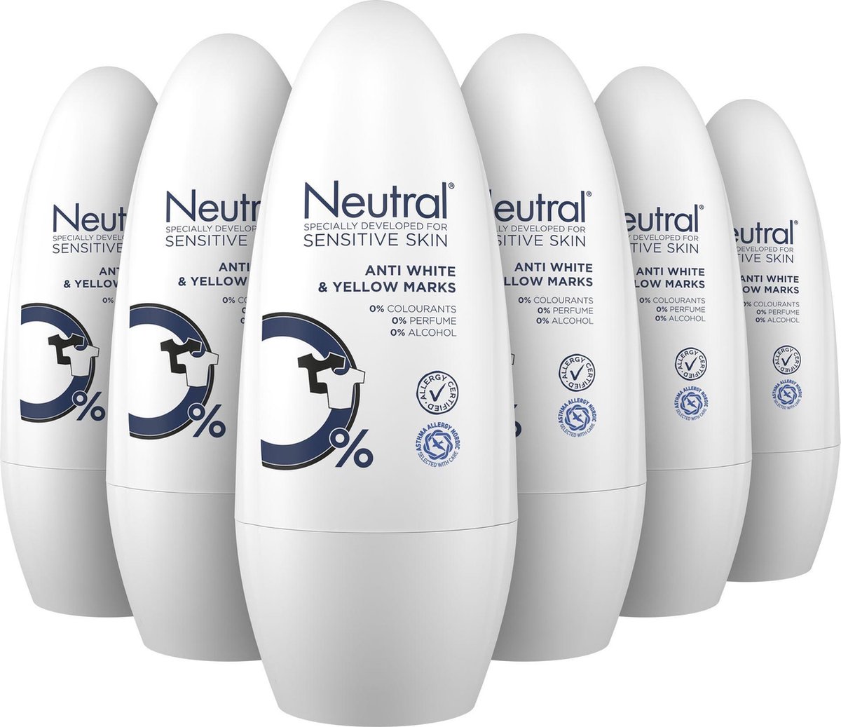 6x Neutral Deodorant Roll-On 0% Anti White&Yellow Marks (50 ml)
