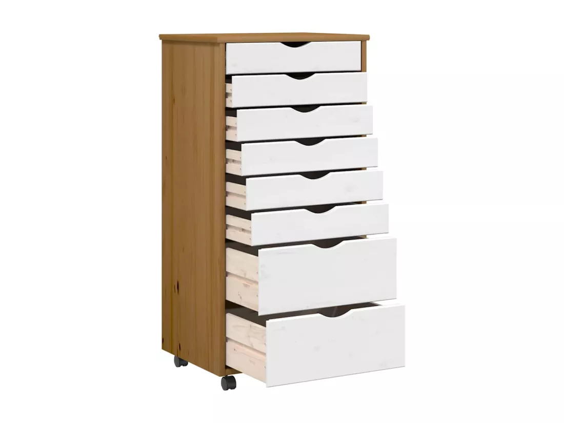 Armoire roulante avec tiroirs MOSS bois de pin marron miel