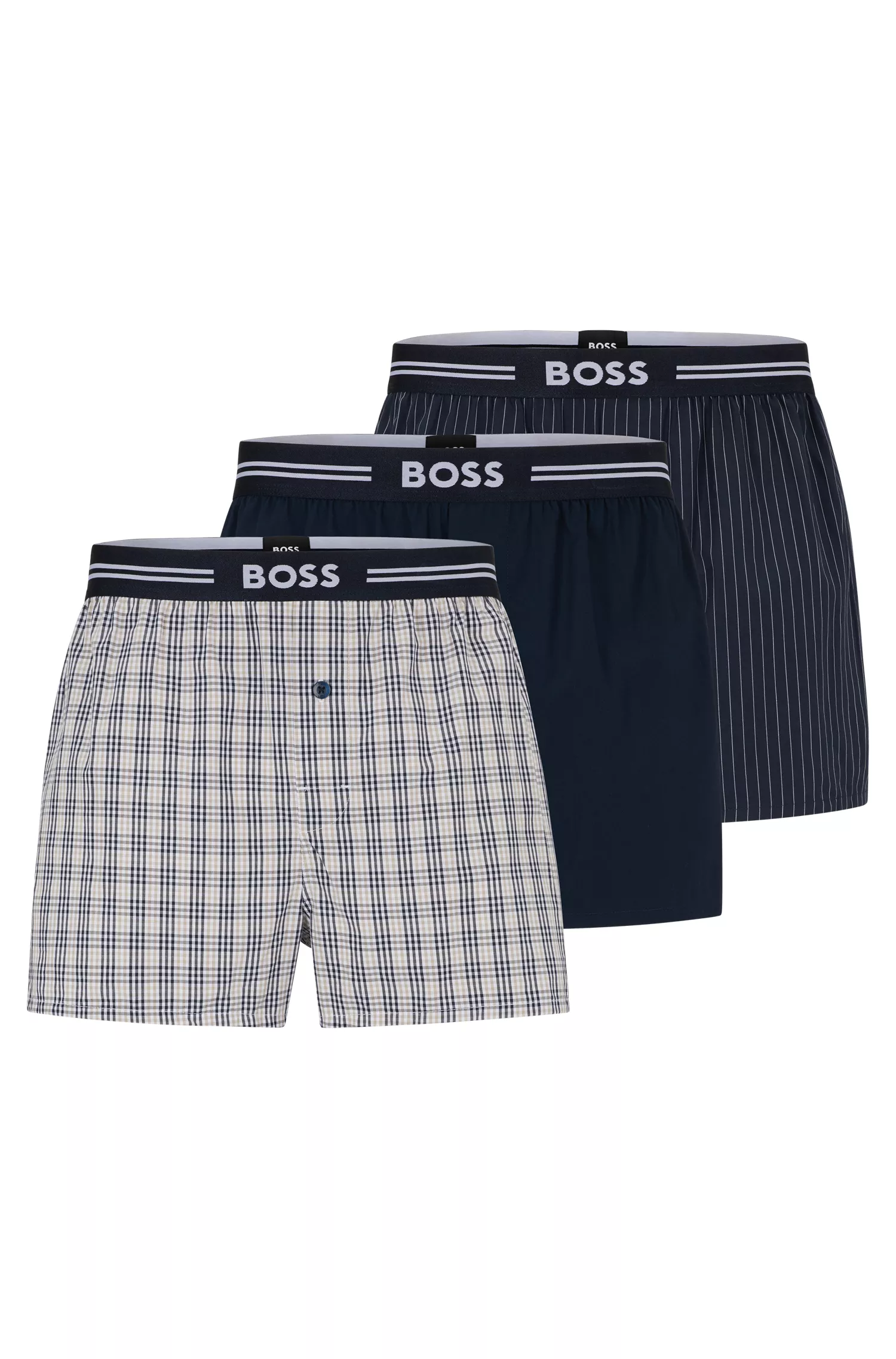 BOSS Preto - Conjunto com três shorts de pijama em popeline de algodão.