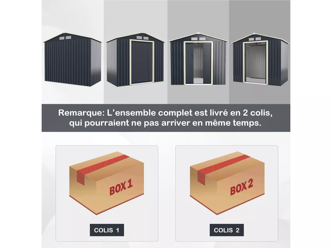 Abri de Jardin en Métal-2,7㎡-2 Portes Coulissantes Verrouillables-4 Trous d’Aération-Toit Penché/Cabane Jardin-213,5 x 127 x 194,5cm-Gris