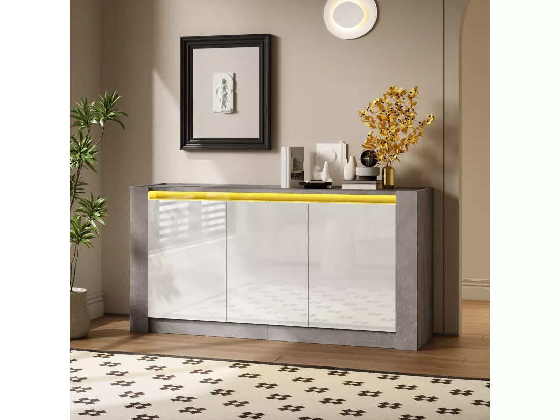 Buffet avec 3 portes à haute brillance - 150 x 40 x 75 cm - LEDs - Etagères réglables - Panneau de particules - Blanc et gris