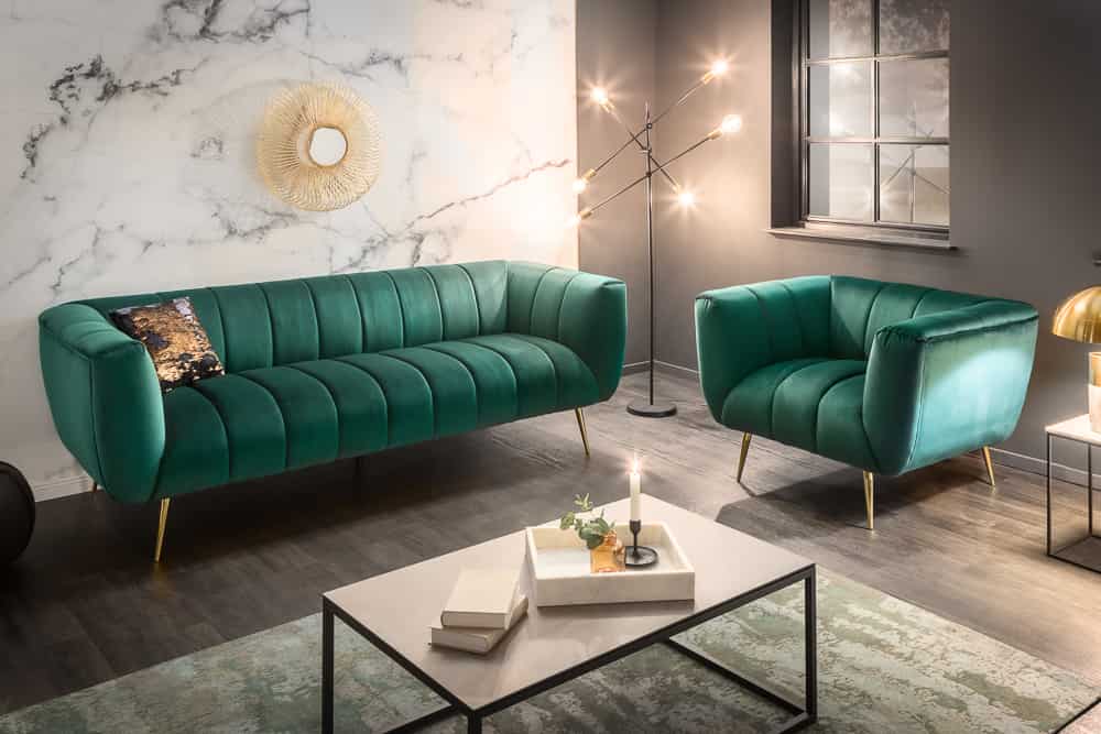 Design 3-Sitzer Sofa NOBLESSE 225cm smaragdgrün Samt Federkern goldene Metallfüße