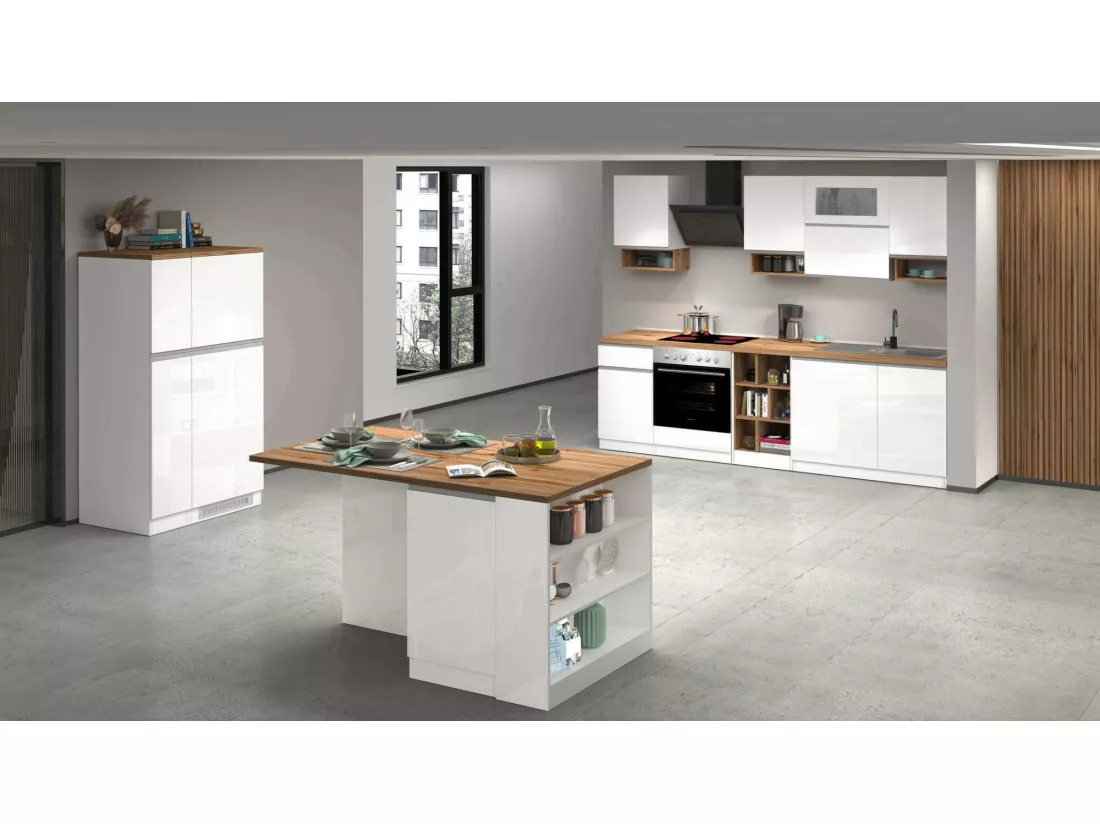 Cuisine complète Daquilant, Ensemble avec garde-manger, Meuble de kitchenette, Kit bloc avec îlot et porte-frigo, 100% Made in Italy, Blanc brillant et chêne