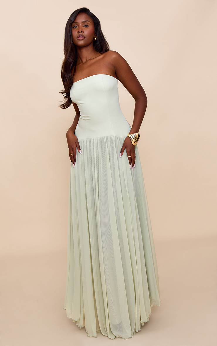 Vert Sauge Robe Longue Plissée En Mousseline Bustier Bandeau
