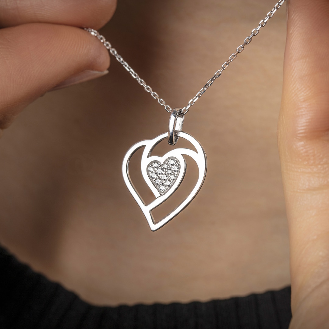 Collier 925 Silber rhodiniert Herz mit Zirkonia pavé 43cm