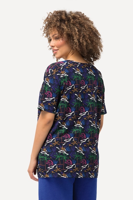 T-Shirt, maritimer Druck, A-Linie, V-Ausschnitt, Halbarm