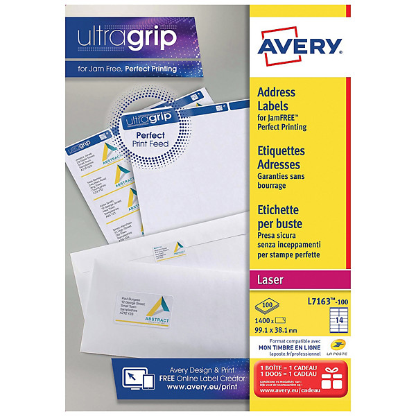 Boite de 1400 étiquettes laser blanches L7163 format 99,1 x 38,1 mm Avery