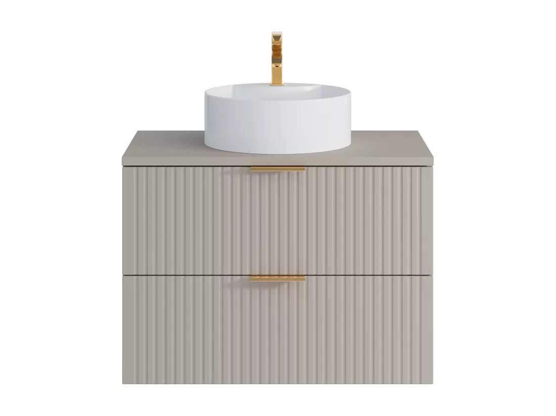 Meuble de salle de bain suspendu strié avec vasque à poser ronde - Beige - 80 cm - ZEVARA