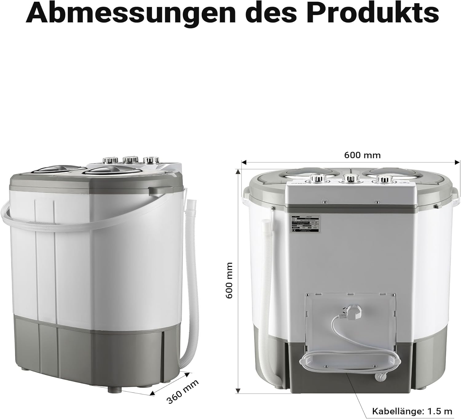 Wiltec Camping Waschmaschine 230 W 60 x 36 x 60 cm, Mini Waschmaschine für bis zu 3,0 kg Wäsche, Reisewaschmaschine mit 2,0 kg Schleuderkapazität