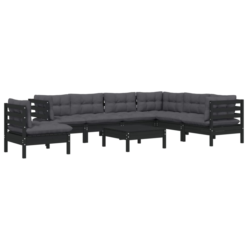 Salon de jardin meuble d'extérieur ensemble de mobilier 8 pièces avec coussins noir bois de pin solide