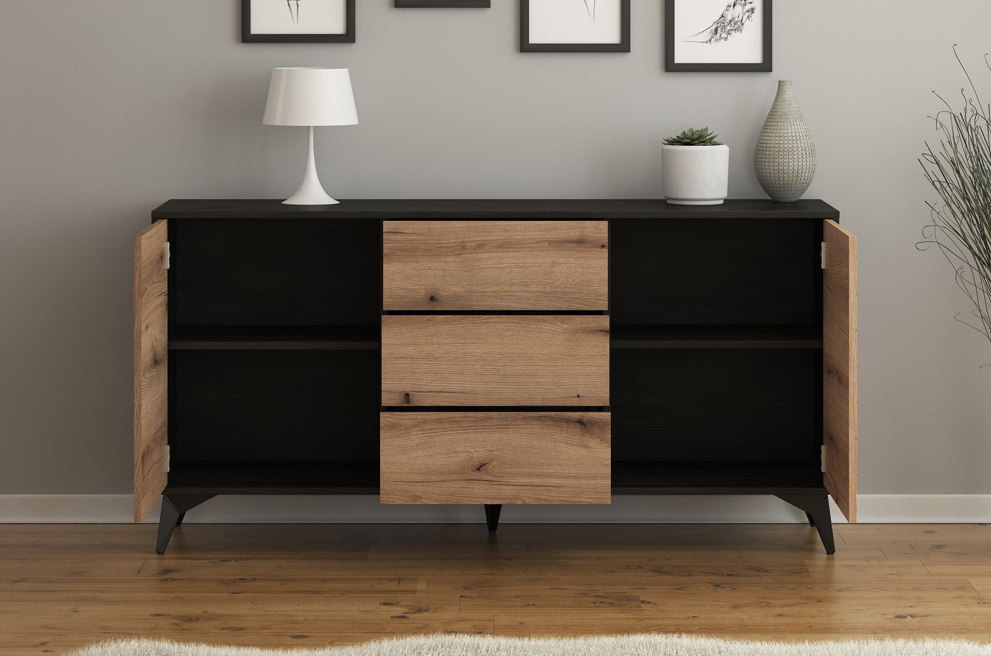 Meubella - Dressoir Dolores - Eiken - Zwart - 154 cm - met lades