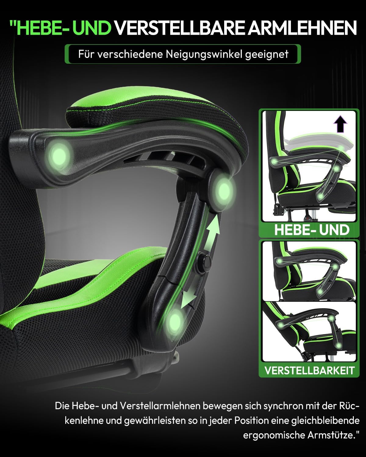 Nexthra Gaming Stuhl Bürostuhl Gaming Sessel mit höhenverstellbaren Linkage-Armlehnen, ergonomischer Gamer Stuhl mit Fußstütze, gepolstert Gaming Chair 150° neigbar bis 180 kg, Grün