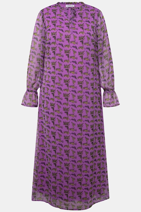 Maxikleid, A-Line, Chiffon, Tiger-Print, Volants, Rüschenkragen, Langarm