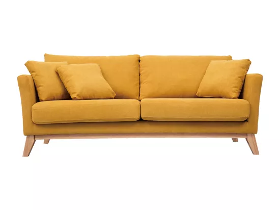Canapé scandinave déhoussable 3 places en tissu effet velours jaune moutarde et bois clair OSLO