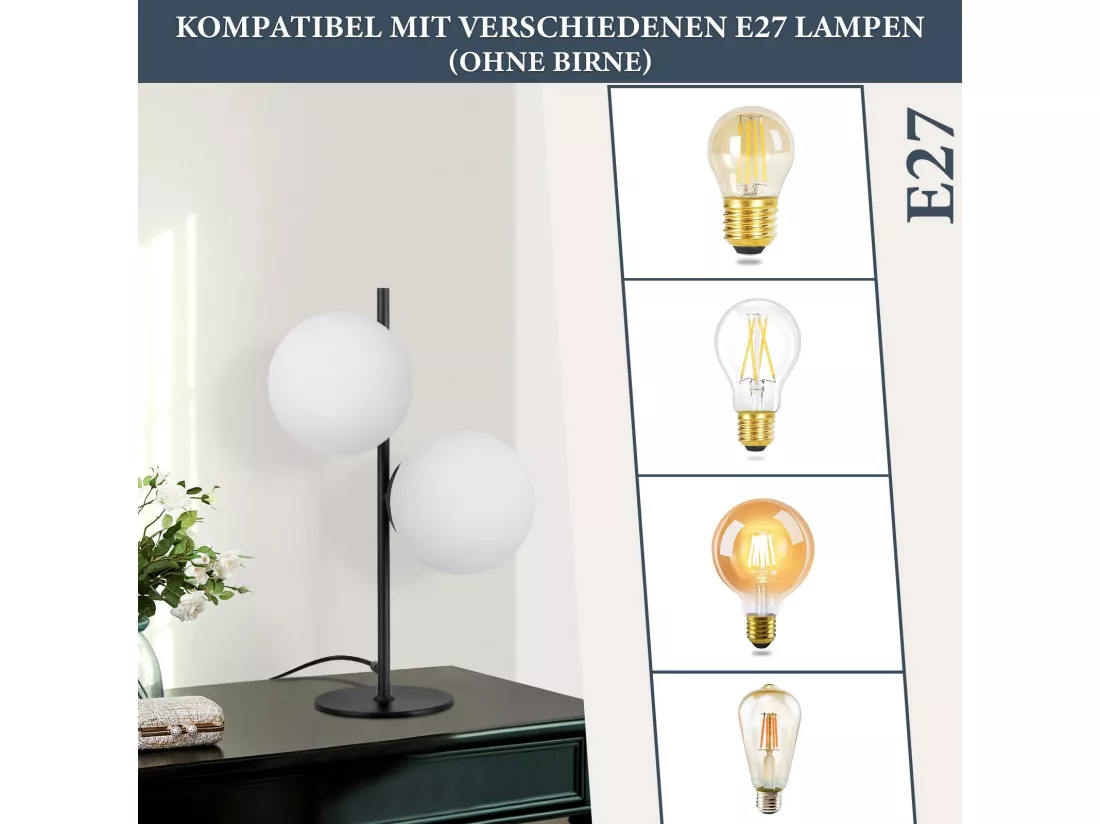 NETTLIFE Lampe de Table Lampe de Chevet Noire Salon E27 Design Moderne Verre Industriel Vintage Métal 2 Ampoules