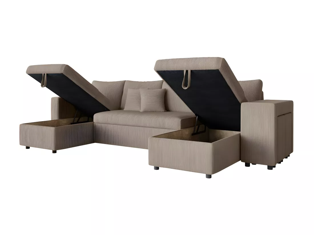 Canapé panoramique Oslo convertible avec 2 coffres, 2 poufs à droite en velours côtelé taupe - L311 x P146 x H81cm - Loungitude