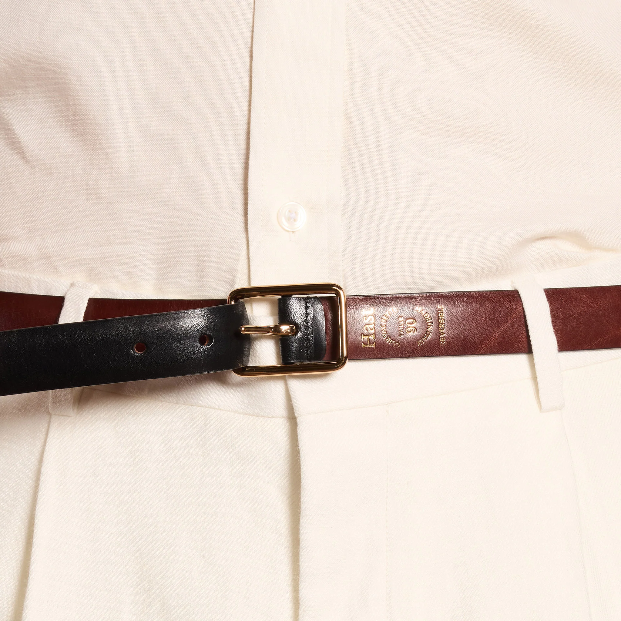 Reversible black and burgundy cowhide leather belt