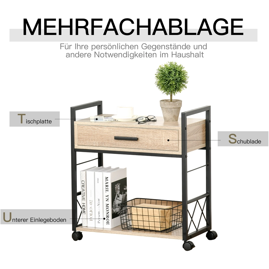 HOMCOM Mobiler Beistelltisch mit Schublade Eiche