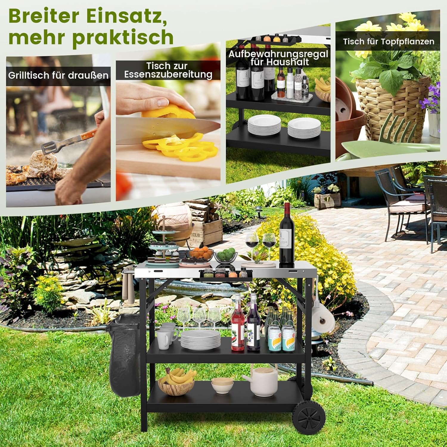 COSTWAY Grilltisch mit 3 Ablagen, Grillwagen mit Verstellbarer Ablage, Telefonständer, Gewürzregal, Handtuchhalter, Taschentuchhalter & Haken, Outdoor Servierwagen Beistelltisch