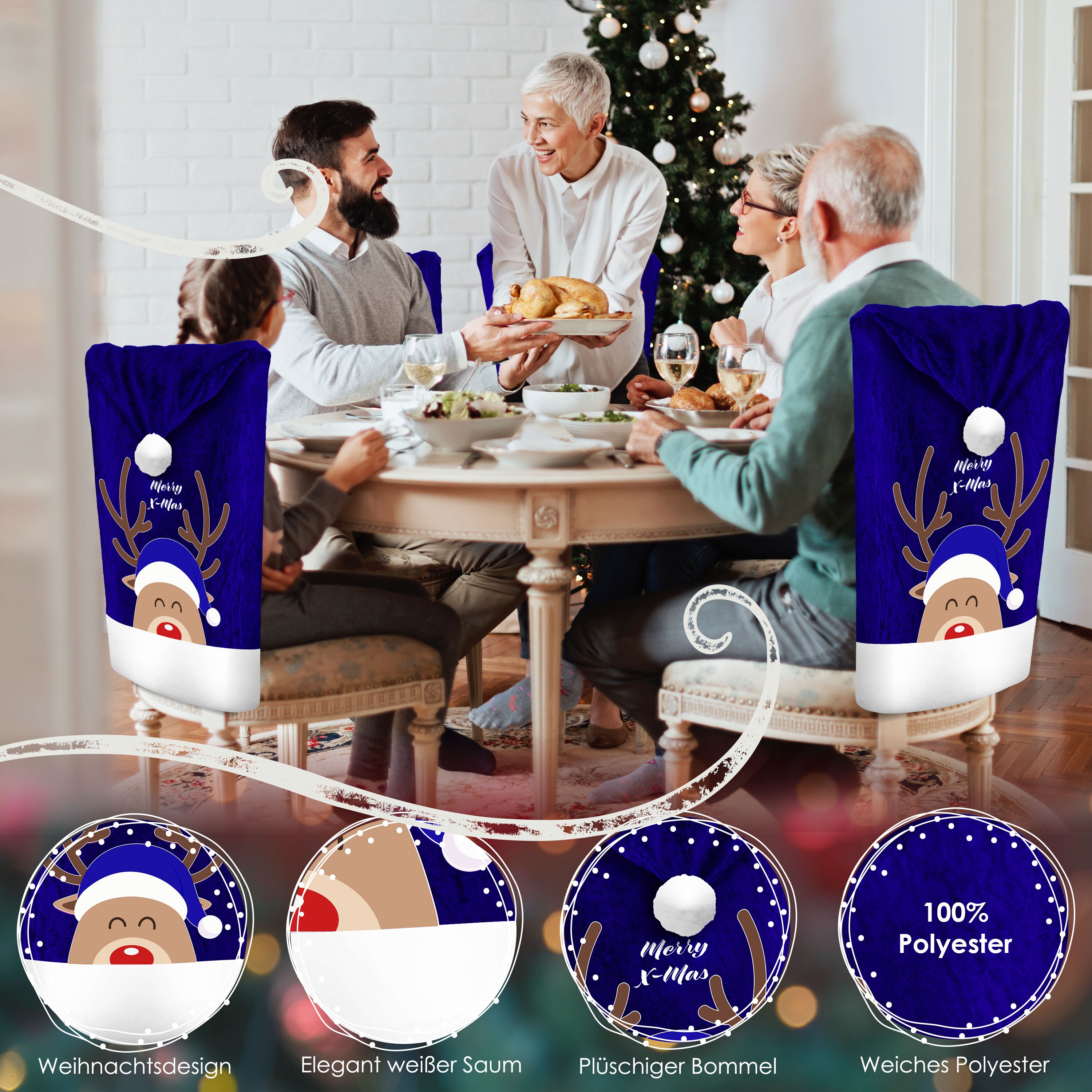 KESSER® Premium Weihnachtsstuhlüberzug Set Stuhlhussen für Weihnachten Nikolausmütze Stuhlbezug Husse Weihnachtsdeko für Stühle Überzieher - Stuhlabdeckung im weihnachtlichen Design