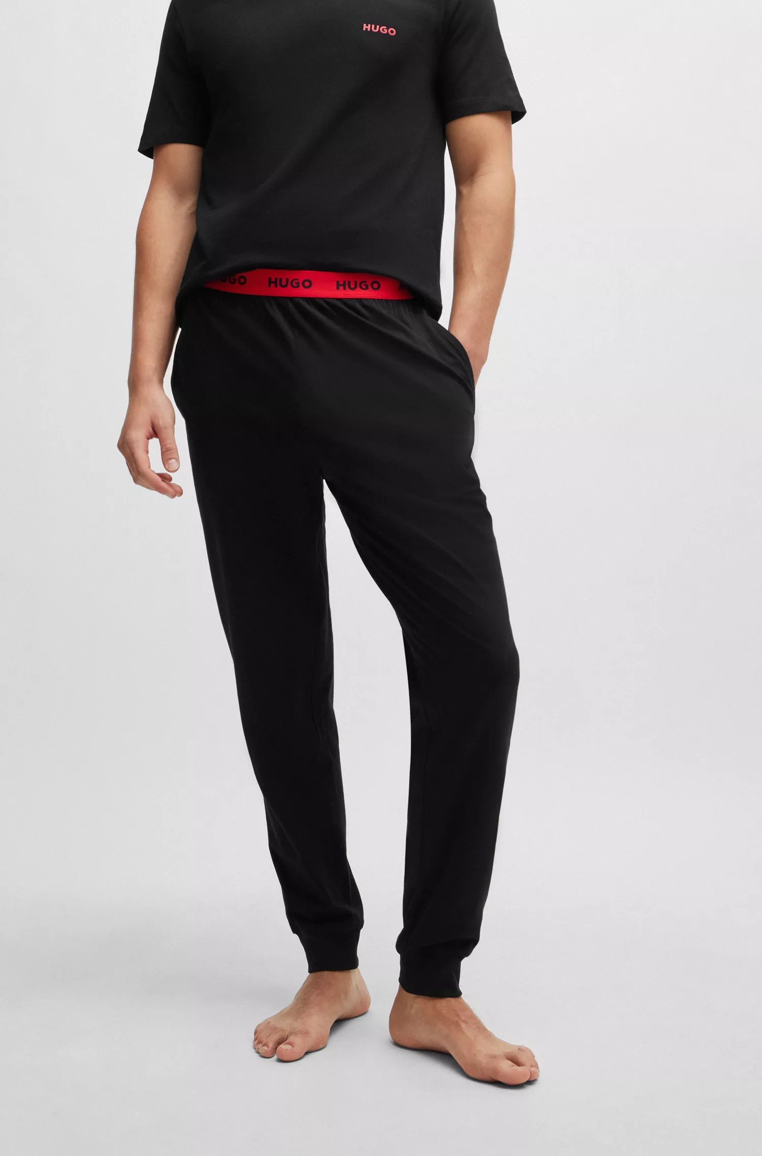 Calça de pijama HUGO vermelha em algodão elástico com cós com logotipo.