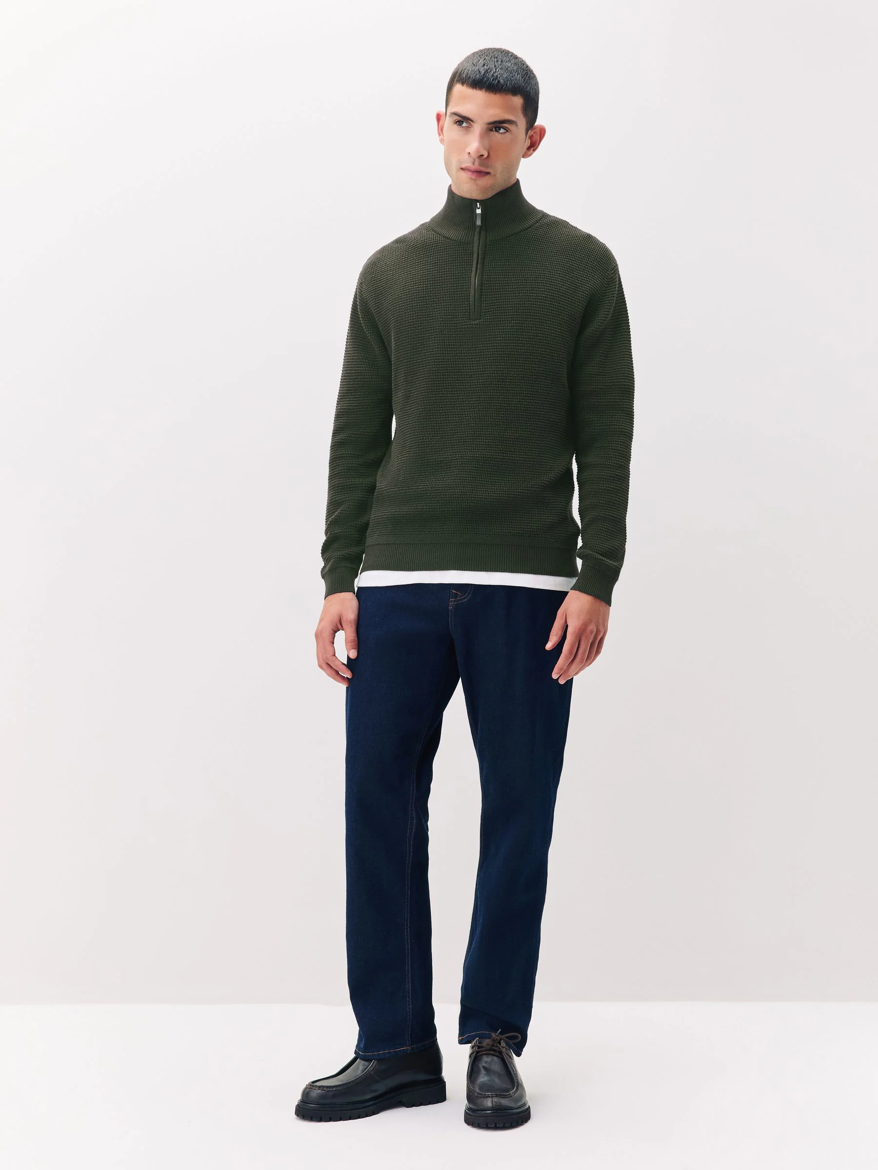 Kakigroen - Effen - Regular Fit 100% Cotton Textured Premium Quarter Zip Jumper
